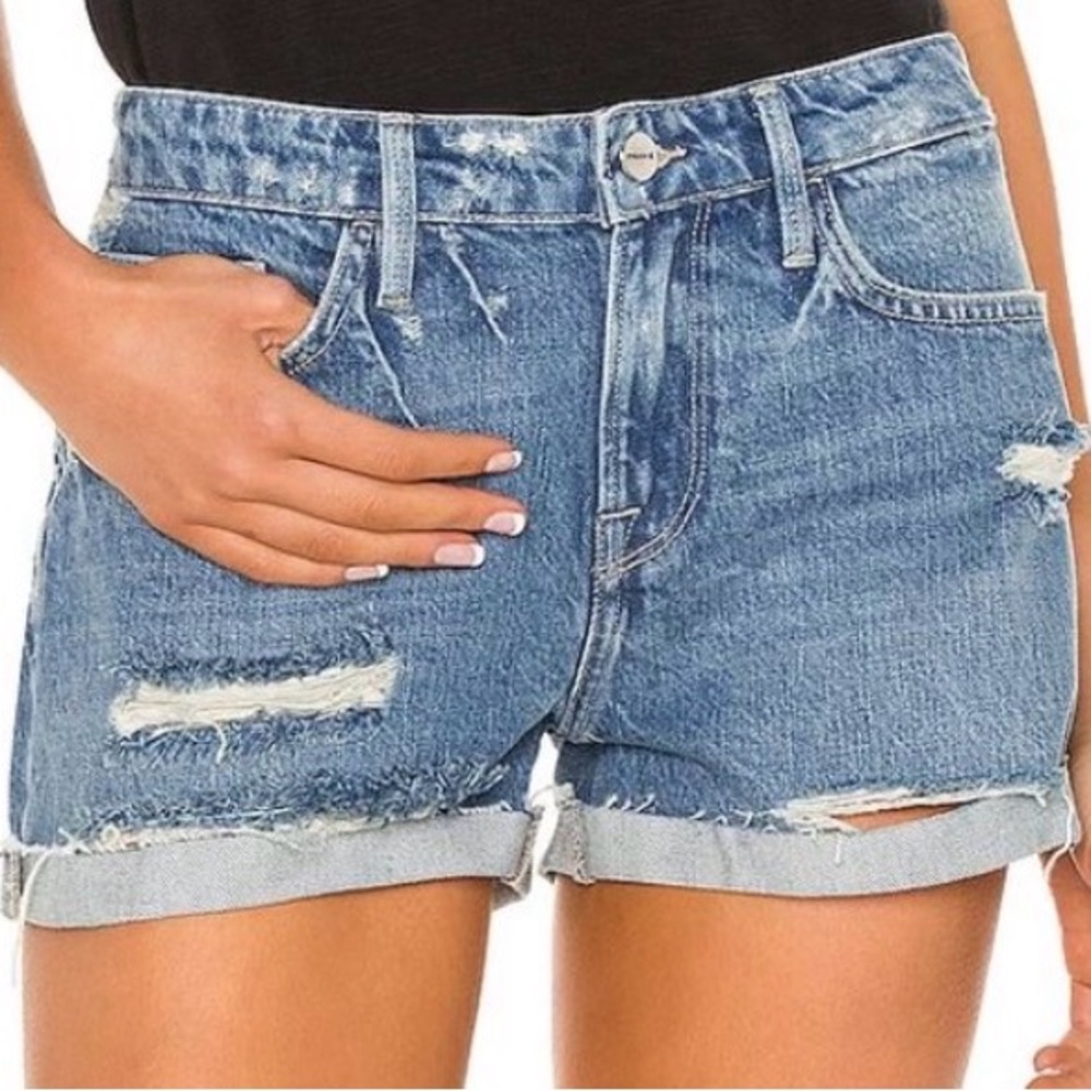 Frame Denim Light Blue Distressed Rolled Hem Shorts
